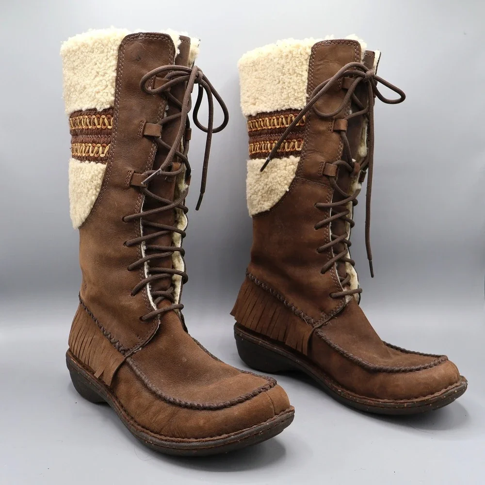 UGG Suede Sheepskin Fringe Boots Womens 9 Brown Boho Bohemian Hippie Winter Warm